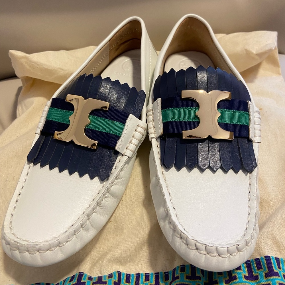 Tory Burch White Leather Loafers with Navy Fringe & Green Stripe